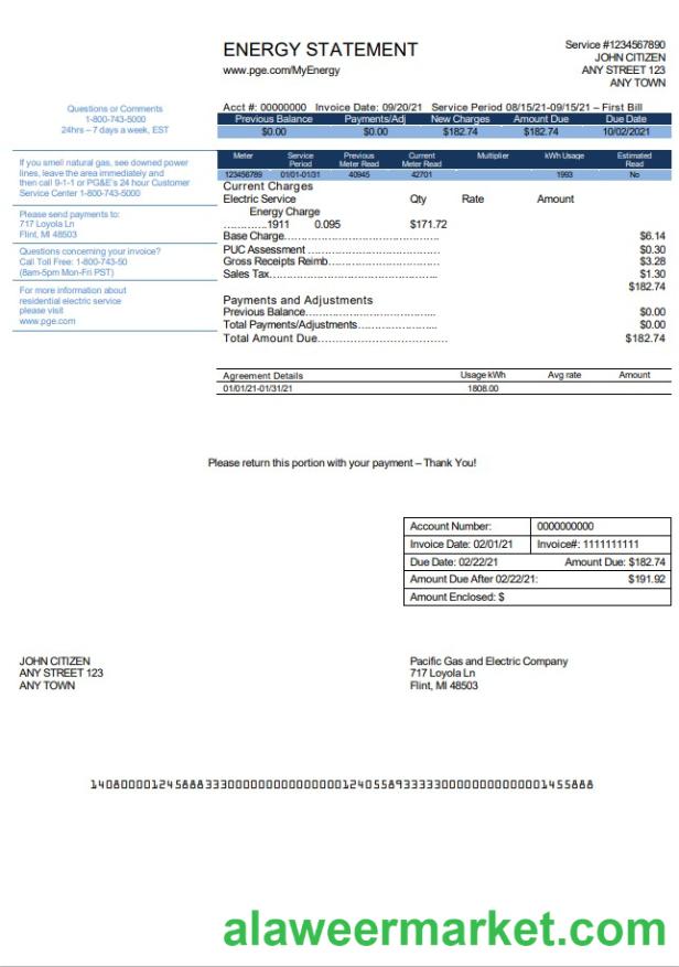 USA California PG&E (Pacific Gas and Electric Company) utility bill template in Word and PDF format, version 2